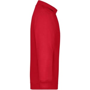 A red polo shirt in a side view, featuring long sleeves and a collar, with a logo on the chest.