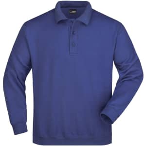 A long-sleeve polo shirt in a rich blue colour, featuring a collar and button placket, with a logo on the chest.