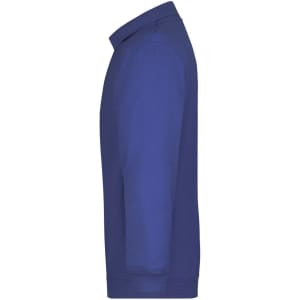 A side view of a blue polo shirt featuring long sleeves and a collar. It has a logo on the chest.