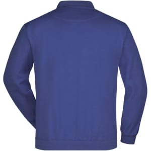 A blue Polo Sweat Heavy, featuring a classic polo shirt design with a collar and long sleeves. It has a logo on the back.