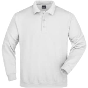 A white long-sleeved polo shirt with a collar and three buttons, featuring a logo on the chest area.