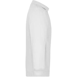 A grey polo shirt displayed from the side, featuring a collar and long sleeves. It has a branding logo.