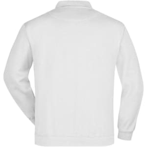 A white polo shirt with a collar, featuring a logo, view from the back.