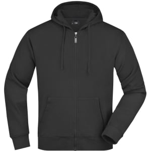 A black men's hooded jacket with a zip front and pockets, featuring a logo on the chest.