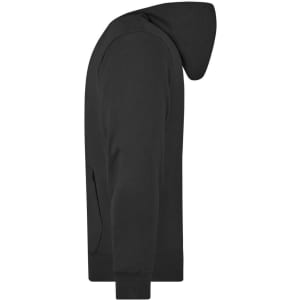 A black men's hooded jacket with a front pocket and a hood, featuring a logo on the clothing.