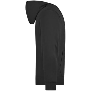 A black men's hooded jacket featuring a kangaroo pocket and ribbed cuffs. It has a logo on the fabric.