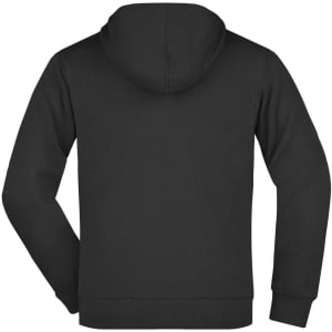 A men's hooded jacket in black, featuring a simple design and a logo. The back view shows the hood and sleeves.