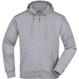 A grey hooded jacket with a zip front and two front pockets, featuring a logo on the chest.
