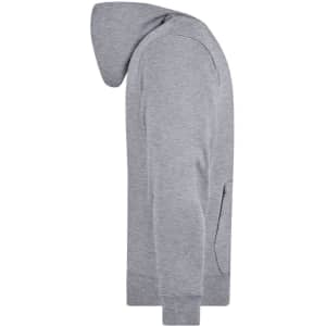 A grey men's hooded jacket with a kangaroo pocket and ribbed cuffs. Features a logo on the front.