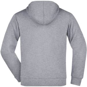 A grey hooded jacket with a plain back view, featuring a logo. Suitable for casual wear.