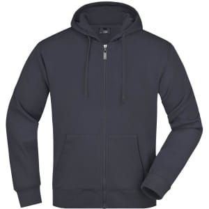 A men's hooded jacket in dark grey with a full zip and front pockets. It features a logo on the chest.