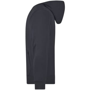 A men's hooded jacket in navy blue with a hood and side pockets, featuring a logo.