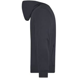 A men's hooded jacket in dark navy featuring a hood and long sleeves, with a branding logo on it.
