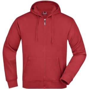 A red men's hooded jacket with a zip closure and front pockets, featuring a logo on the chest.