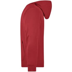 A red men's hooded jacket featuring a hood and long sleeves, with a side view showcasing the fit.