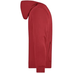 A red men's hooded jacket with a side view, featuring a kangaroo pocket and a logo.