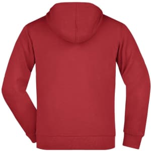 A red hooded jacket with a plain back view. The design is simple and features a hood.