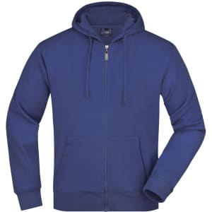 A navy hooded jacket featuring a zip closure and front pockets, with a logo on the chest.