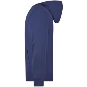 A navy men's hooded jacket featuring a relaxed fit and kangaroo pocket. It has a hood and long sleeves.