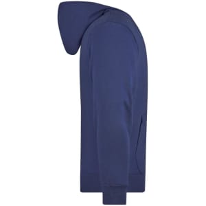 A men's hooded jacket in navy blue with a side view, featuring a hood and pocket. It has a logo on the fabric.