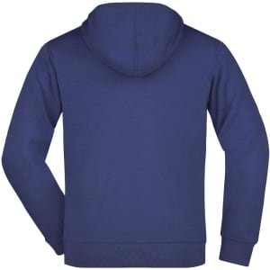 A navy blue men's hooded jacket featuring a simple design and a back view. It includes a hood and has a logo.