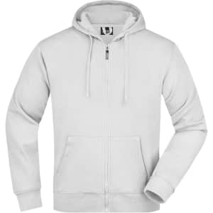 A light grey men's hooded jacket with a zipper and front pockets, featuring a logo on the chest.