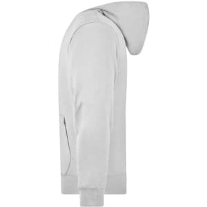 A light grey men's hooded jacket featuring a side pocket, ribbed cuffs, and a classic fit. It has a logo on the design.