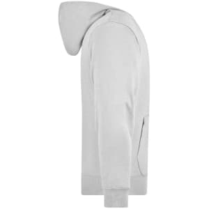 A grey hooded jacket featuring a kangaroo pocket and ribbed cuffs. It has a logo on it.