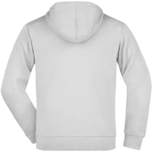A grey hooded jacket featuring a plain back design, suitable for casual wear. It includes a logo.