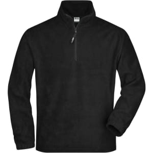 A black half-zip fleece jacket with long sleeves and a zippered collar. It features a logo on the front.
