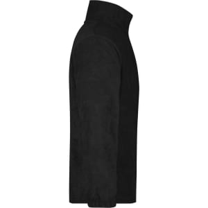 A half-zip fleece jacket in black with a high collar and long sleeves, featuring a logo.