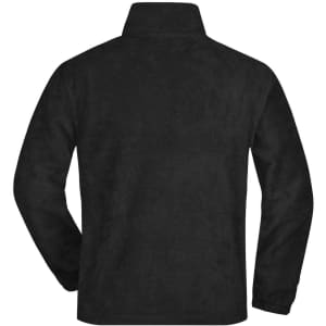 A black half-zip fleece jacket with a collar, featuring a logo on the back.