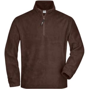 A brown half-zip fleece jacket with long sleeves and a zippered neckline. It features a logo on the chest.