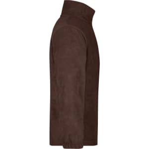 A brown half-zip fleece jacket with a high collar, featuring a side view design and a logo.