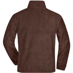 A brown half-zip fleece jacket with a collar and long sleeves, featuring a logo on the back.