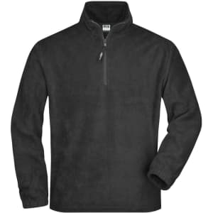 A black half-zip fleece jacket with long sleeves and a zippered collar. Features branding on the jacket.