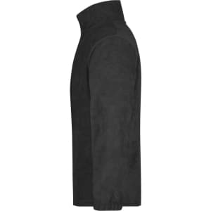 A black half-zip fleece jacket featuring a high collar and soft texture, with a brand logo present.
