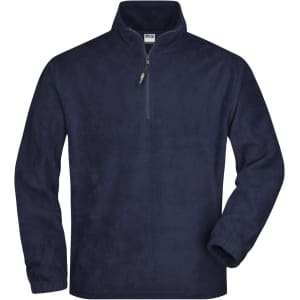 A navy half-zip fleece jacket with long sleeves and a zippered collar, featuring a logo.