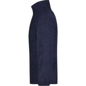 A navy half-zip fleece jacket featuring a high collar and a simple design. It has a logo on the fabric.