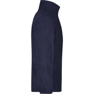 A navy half-zip fleece jacket with a high collar, featuring a logo. Ideal for casual wear.