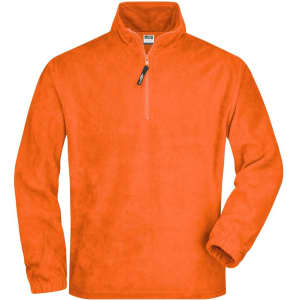 An orange Half-Zip Fleece jacket with a stand-up collar and long sleeves, featuring a zipped front and a logo.