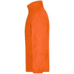 An orange half-zip fleece jacket displayed from the side, featuring a high collar and long sleeves.