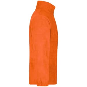 An orange half-zip fleece jacket featuring a high collar and a logo.