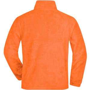 A bright orange half-zip fleece jacket featuring a back view and a collar. It has a smooth texture and an attached logo.