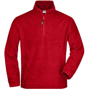 A red half-zip fleece jacket with long sleeves and a zippered collar. It includes a logo on the chest area.