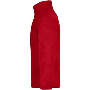 A red half-zip polar fleece jacket with a high collar and long sleeves. It features a logo.