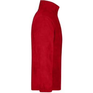 A red polar fleece jacket with a half-zip design and a high collar, featuring a logo.
