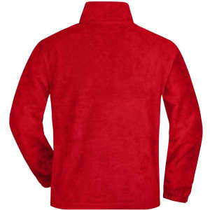 A red half-zip fleece jacket with a high collar and long sleeves, featuring a logo on the back.