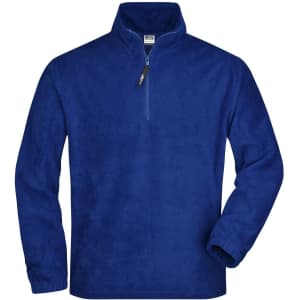 A blue half-zip fleece jacket made of soft polar fleece fabric, featuring long sleeves and a zip collar.