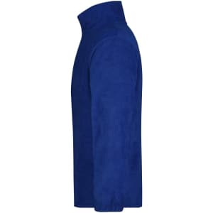 A blue half-zip fleece jacket features a high collar and long sleeves. It has a branding logo on the garment.